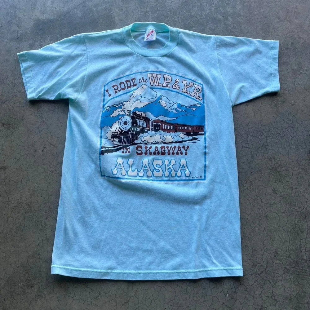 Vintage 1991 Alaska train blue graphic tee Single stitch Jerzees medium